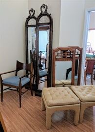 Mid century Broyhill walnut armchair from Saga dining  collection , Pair of 84" mirrors - $700/pair, Pair of Ming style mirrors - $150/pair,  Pair of satin upholstered parsons ottomans - $250