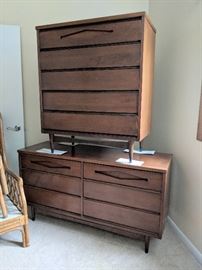Mid century modern walnut dresser set by Bassett furniture- $800/pair 