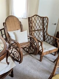 Art nouveau cane bentwood rocking chair - $200,   
 Boho chic rattan wing chair (foam cushions available) - $75

