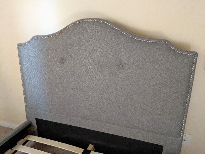 - Full size grey linen headboard and bed frame - $200

