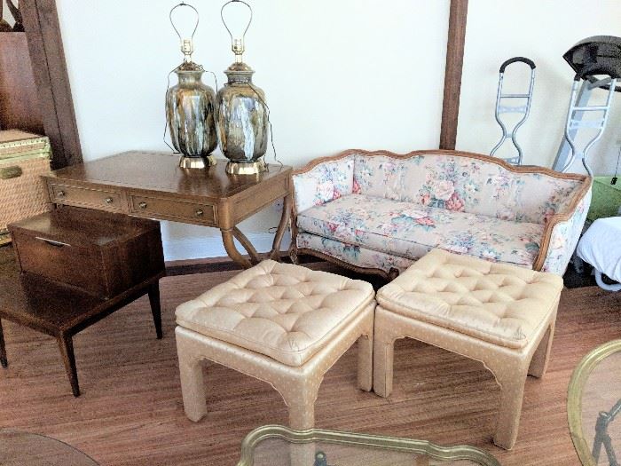 Tomlinson Mid Century desk with curved legs - $499,  Ethan Allen French country floral settee - $300,  Pair of satin tufted ottomans - $250/ pair 