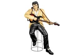 Awesome Life Size Cast Figure Of Elvis Presley With Guitar On Stool