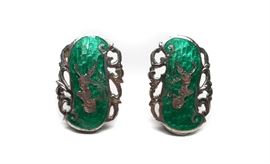 SIAM STERLING SILVER WITH GREEN ENAMEL EARRINGS