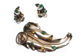 STERLING EMERALD RHINESTONE BROOCH & EARRING SET