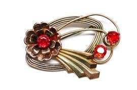 HARRY ISKIN 10K GOLD FILLED RUBY RHINESTONE BROOCH