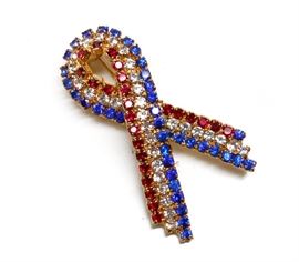 RED WHITE BLUE RHINESTONE PATRIOTIC RIBBON PIN