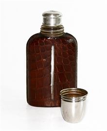 LEATHER CASED GLASS POCKET FLASK SHOT CUP LID