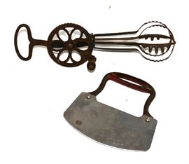ANTIQ HOLT EGG BEATER & CAST HANDLE PASTRY CUTTER