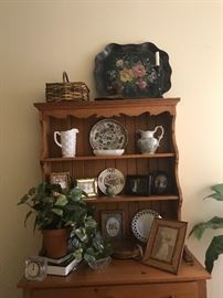 Sideboard/hutch in solid wood, toile painted tray, pottery