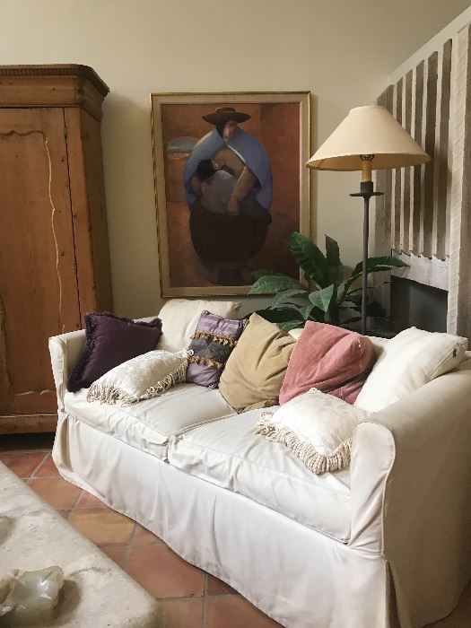 Original art, pillows, sofa, lamps, custom coffee table (slate/wicker/rattan)