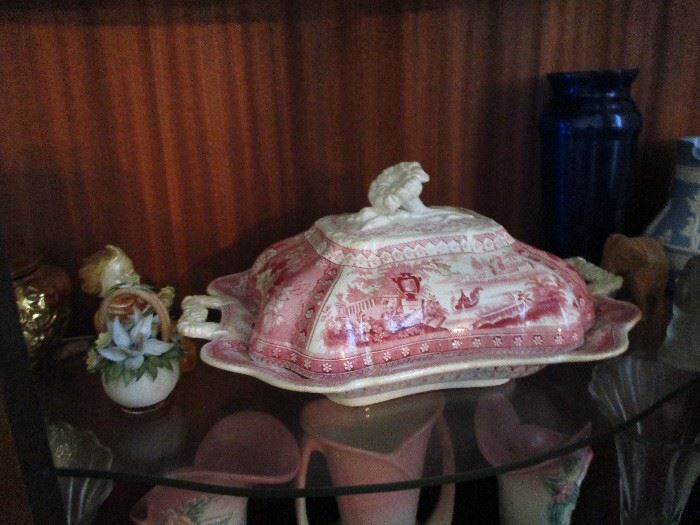 Antique red and white transferware vegetable dish, 1853