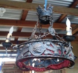 VINTAGE ROMANESQUE/GOTHIC REVIVAL CHANDELIER WITH KNIGHT ORNAMENTS