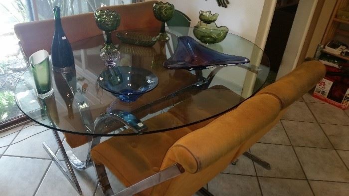 Contempo Milo Baughman style chrome dining set.  More great art glass.  