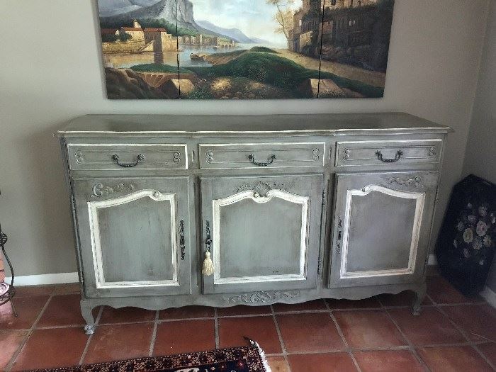 French Painted Sideboard  39 1/2" H x 20"W x 69"L    Three working drawers up top and 3 cabinets below.