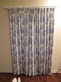 Custom made toile draperies.  6 Panels covering 3 windows.  Each panel is 84" H x 28"W.  3 rods measuring 66" each.