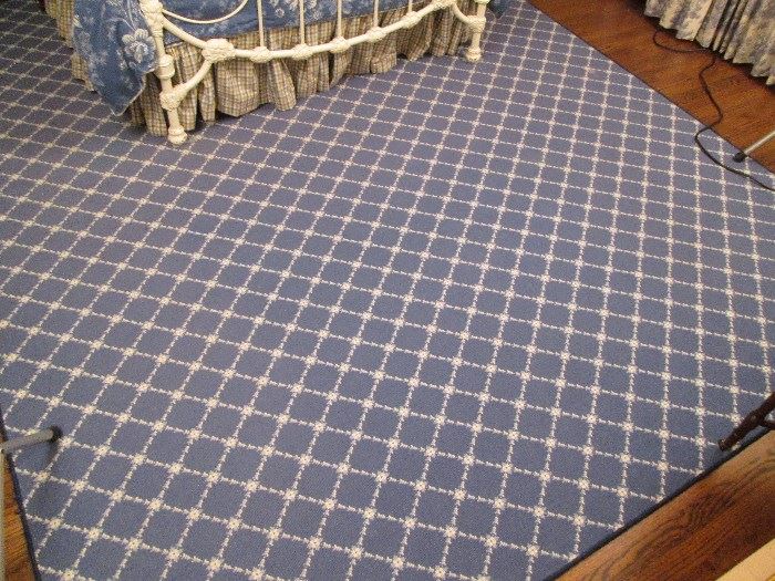 Customer made blue and white rug.  Measurements are 106" W x 129" L.