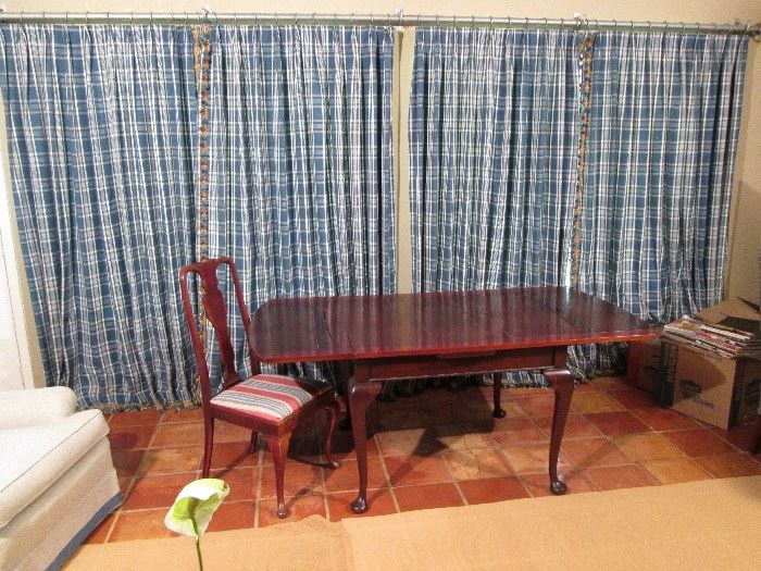 Mahogany Pub Table with Queen Anne Legs - Measurements are 6ftL x 39"W x 29 1/2" H .  Custom Draperies for sale - 4 panels of draperies, 88" H x 41"W - Rod is 187" long.             