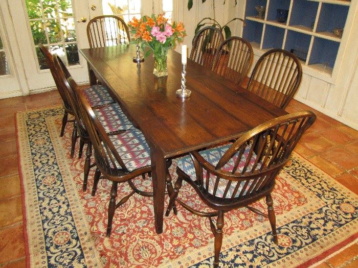 English Oak Dining Table and 8 Windsor Type Chairs