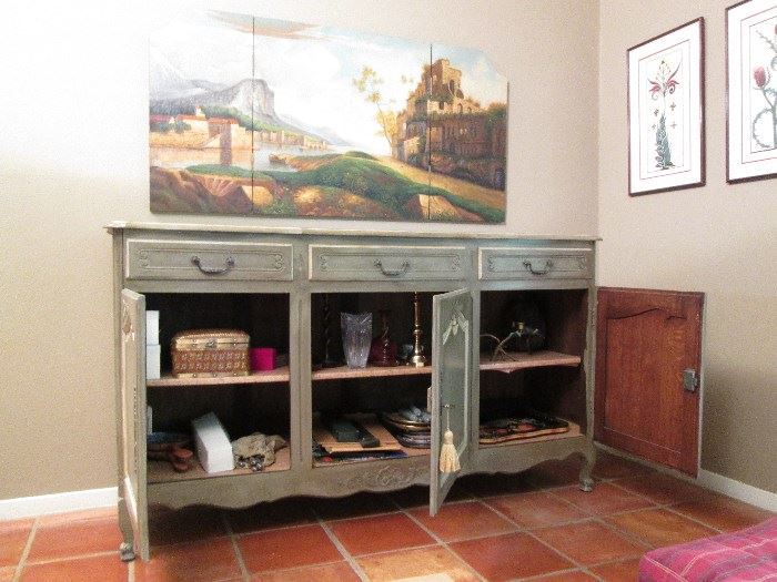 French Painted Sideboard 39 1/2" H x 20"W x 69"L  Old world screen above for sale.