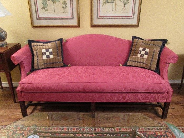 Red Damask Sofa with Pillows - 75"L x 35" D x 29"H