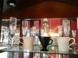 Belleek, Black depression glass, champagne flutes 
