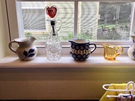 Polish pottery, various creamers, yellow depression glass