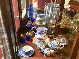 Blue willow child’s tea set, etc