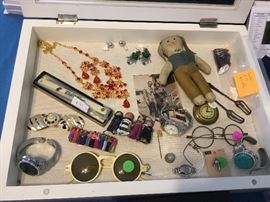 Vintage jewelry, glasses, leather rabbit toy