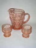 Pink depression "Georgian" ice pitcher and 2 glasses