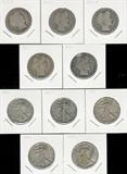 Lot of 10 silver half dollars. Five are Barbers and five are Walking Liberty