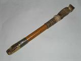 11" English carved antler Fox Hunting dog whistle, silver ferule and leather strap that held a horse whip (at one time)