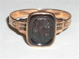 English Victorian 9K rose gold carved red sardonyx ring, classic woman's face, size 7, weighs 1.9 grams