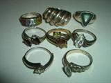 Lot of 8 Sterling Rings, most are size 6 & 7,  large ring weighs 17 grams, total weight of lot is 39.8 grams
