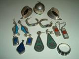 Sterling lot of 6 pr Earrings, 2 Pendants, 1 Ring. Turquoise, onyx, coral, abalone and blue stones. Total weight of lot is 52.9 grams
