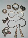Sterling lot of 7 pr Earrings and 1 Large Ring. The ring weighs 13.6 grams, total lot weight is 58.4 grams