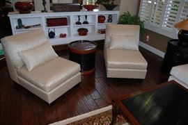 Pair of armless lounge chairs upholstered with down/feather envelope foam by Jim Thompson for Atlier Katayon.   BRAND NEW condition.