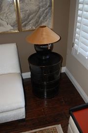 Antique Chinese four section fruit barrel end table.  Shanxi province - Circa 1860  - black lacquer refinished. 
  Sold by Charles Jacobsen.  One of a pair.