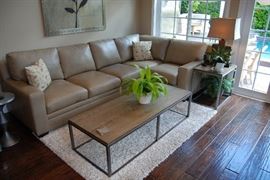 Bradington Young leather sofa sectional in brand new condition, Borough coffe table from Ethan Allen 60" x 24" x 16" and  Desmond II white sand carpet from Ethan Allen.