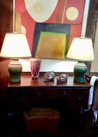 GREAT DESK, GREAT POTTERY LAMPS,  MORE MASKS, AND  FABULOUS WALTER REDDING PAINTING