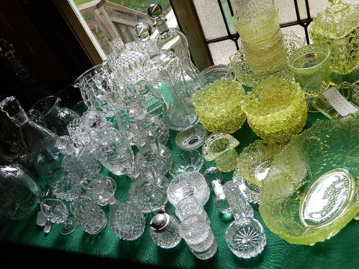 VERY UNUSUAL VASELINE GLASS SETS AND VERY NICE ANTIQUE  GLASS AND CRYSTAL, PLUS LOTS OF UNUSUAL DECANTERS, 