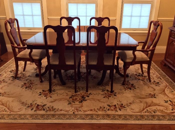 Fabulous Dining Room Set. American Drew Furniture. Six Dining Room Chairs. Two Arm Chairs. Two Table Leaves and Custom Table Pad. 