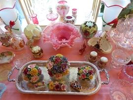 Fenton, Bohemian cased, custard and Moser glass, as well as a garden of bone china bouquets. 