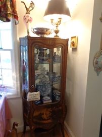 Antique French Vernis Martin vitrine filled with dark and light blue Wedgwood Jasperware. 