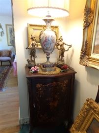 Antique French music cabinet and French hand-painted & Cloisonné sevres antique lamp. 