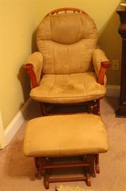 Wooden upholstered glider chair with spindle back with matching slider ottoman
