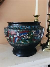 Large bronze/cloisonné bowl/planter