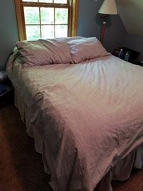 queen bed frame, mattress and box springs and bedding