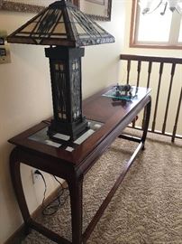 Decorative sofa table and arts/crafts style lamp 
