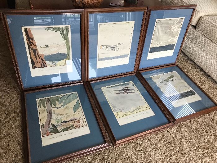 Vintage “Flight” prints by Frank Lemon. Commissioned in 1928 by Wright Aeronautical Corp.  Prominence for this prints: The family noted these printed were given to woman named Rosie Stein when she retired from Northwest Airlines in the 1940’s. Rosie was the first female director and of teh founders of Northwest Airlines.