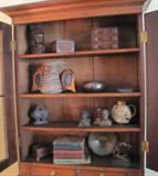 4. 1800's Colonial Walnut Secretary With Original Glass, sculptures, books, Tramp Art, Old Copper Banks of US Presidents